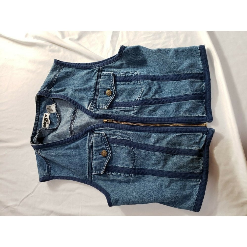 DKNY Denim Vest Trucker Womens Jacket Biker Sleeveless Top Size 8 Zip Front